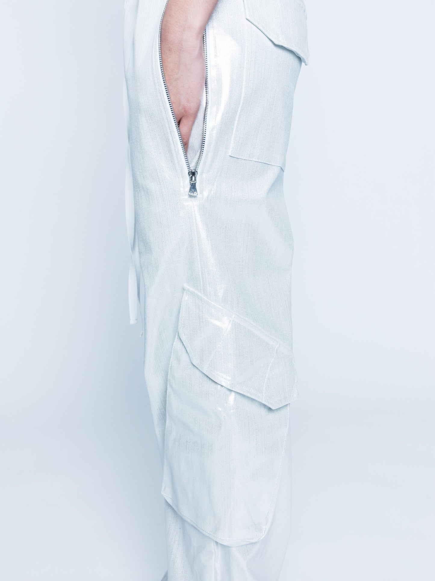 888 White Silver Cargo Coated Denim Pants Unisex