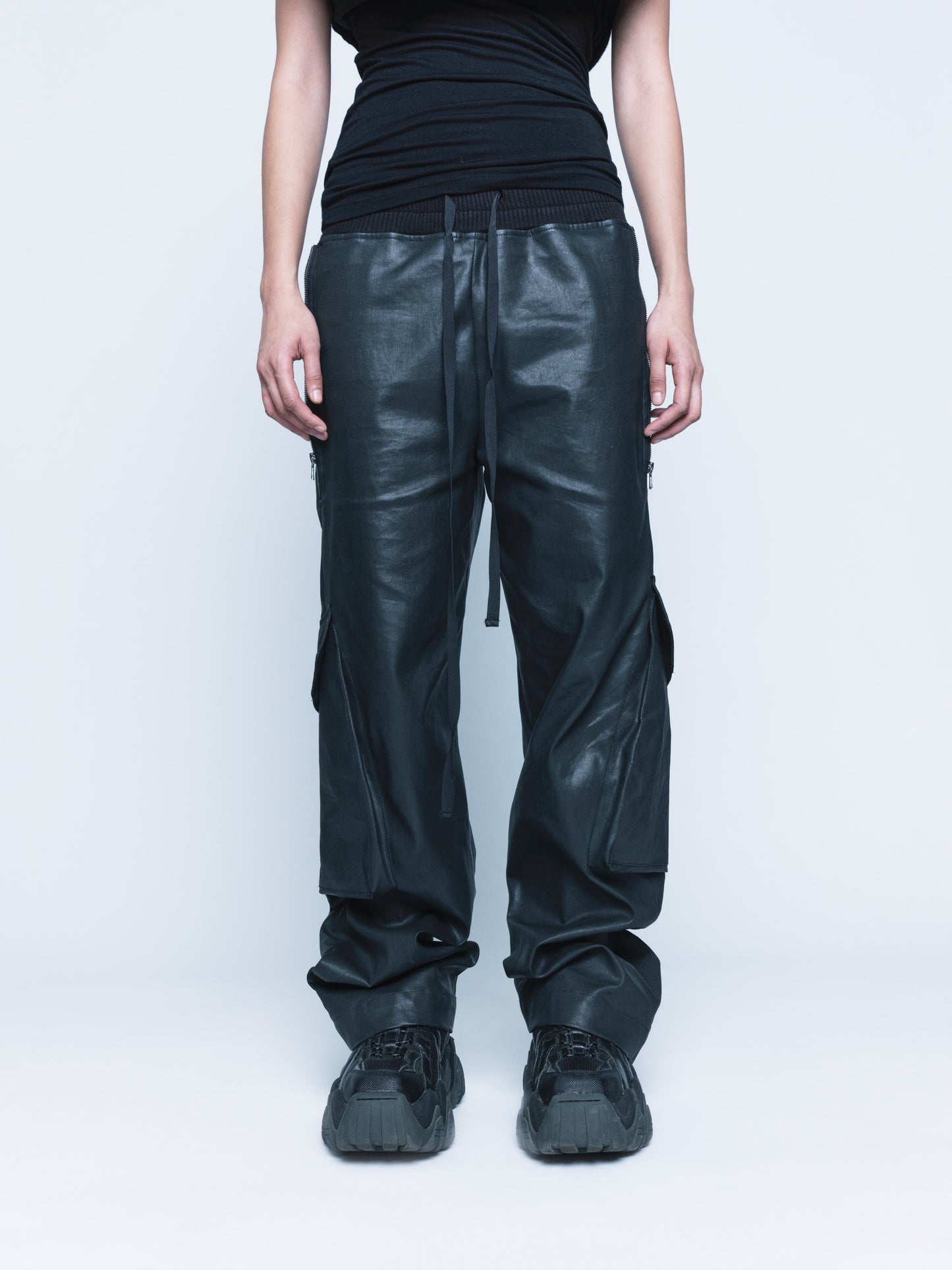 888 Black Cargo Coated Denim Pants Unisex