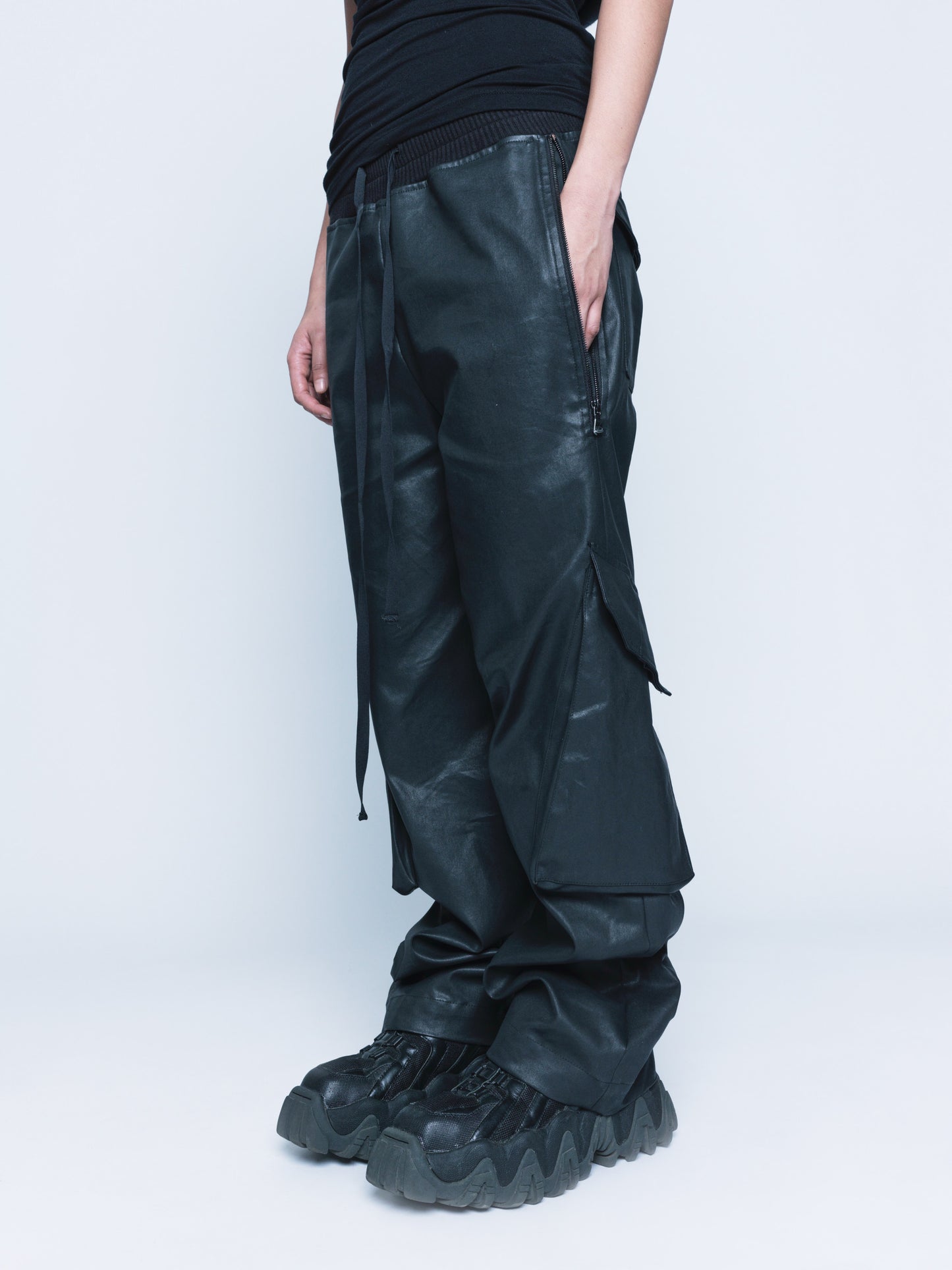 888 Black Cargo Coated Denim Pants Unisex
